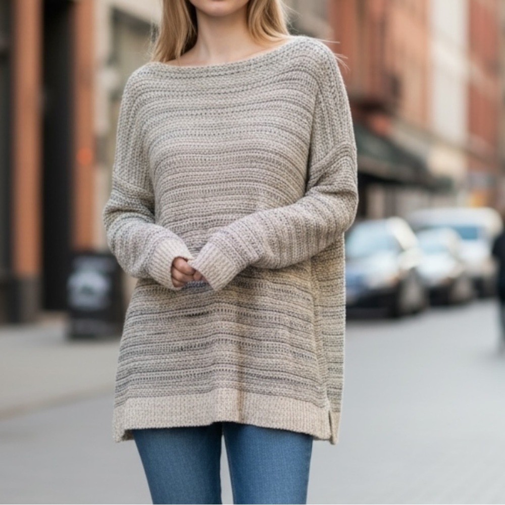 Vince Linen Blend Open Knit Drop Shoulder Sweater SZ L Gray